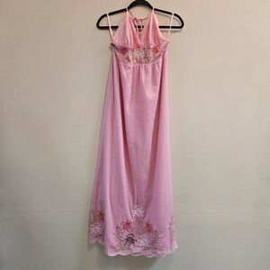 Sweetees Halter Style Empire Waist Pink Maxi Dress Women Sz 10 Fairy Embroidery